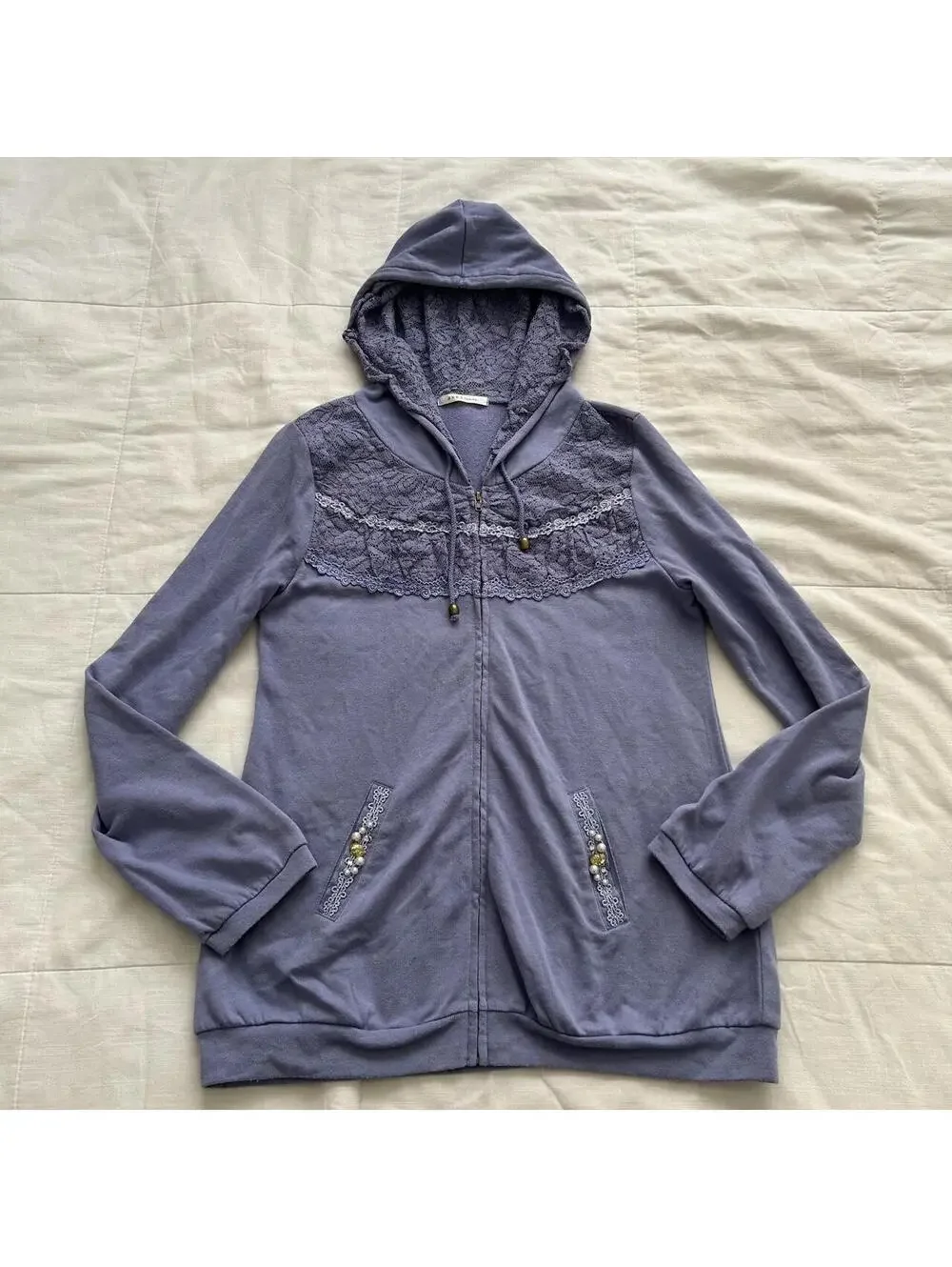Axes Femme Periwinkle Purple Lace Pearl Zip Up Hoodie Medium Japan